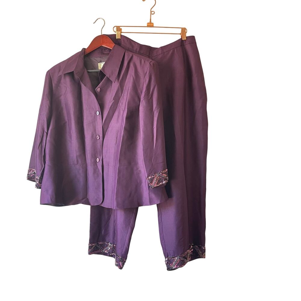 Vintage 90s 100%‎ silk purple beaded shirt and pants set size 16